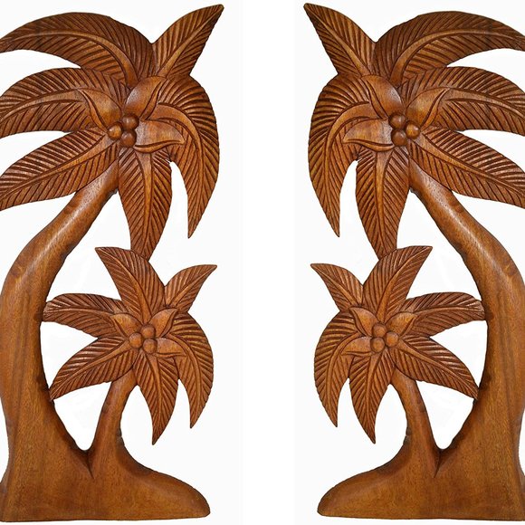 Beautiful Handmade Mahogany Wood Set of 2 Palm Tree with Coconuts Tropical Islan - Picture 2 of 2